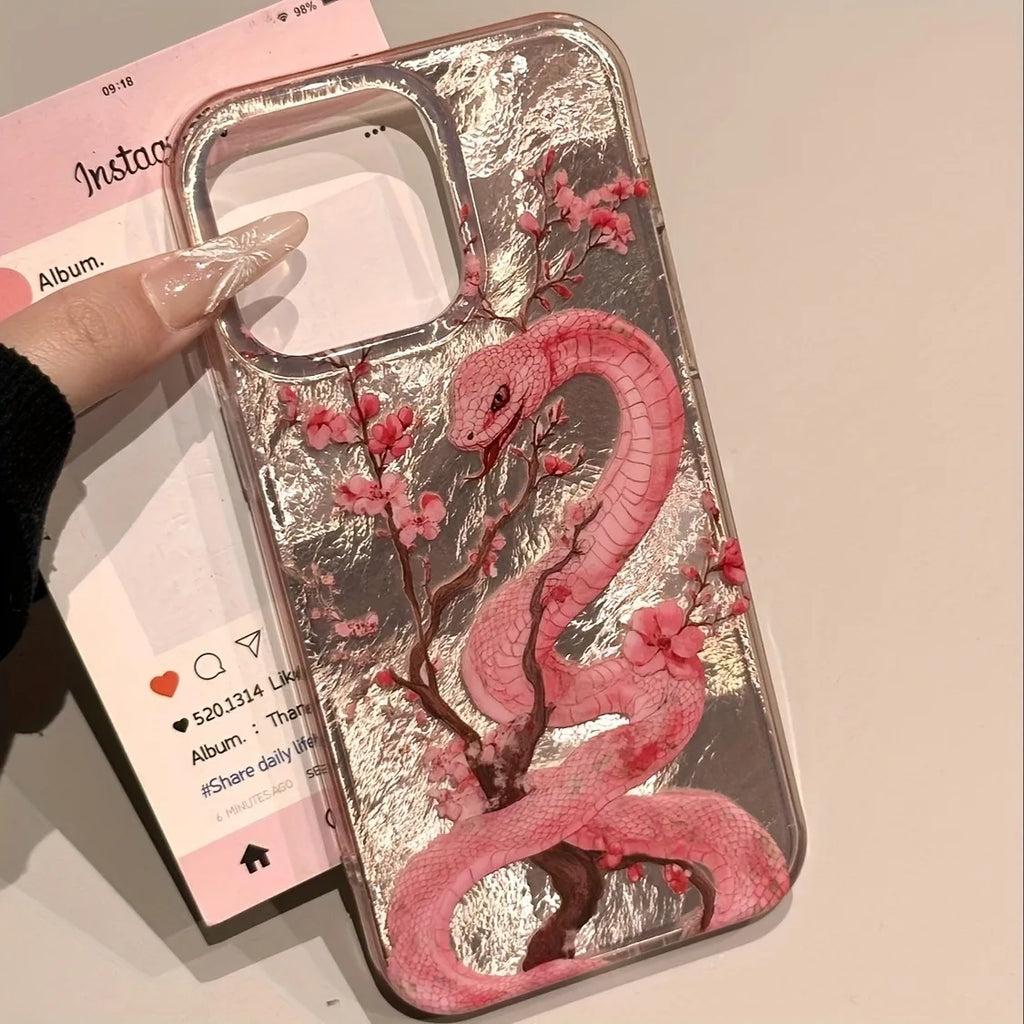 Illustration Plum Blossom Pink Snake Phone Case For iPhone 16 Pro Max 15 14 Plus 13 12 11 XS X XR 7 8 16 Plus SE 2022 16E Cover