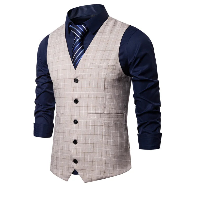 KIDWHXR 2026 Man Waistcoat Slim Plaid Business Casual Male Suit Vest V-neck Sleeveless Breathable Wedding Party Vest for Men
