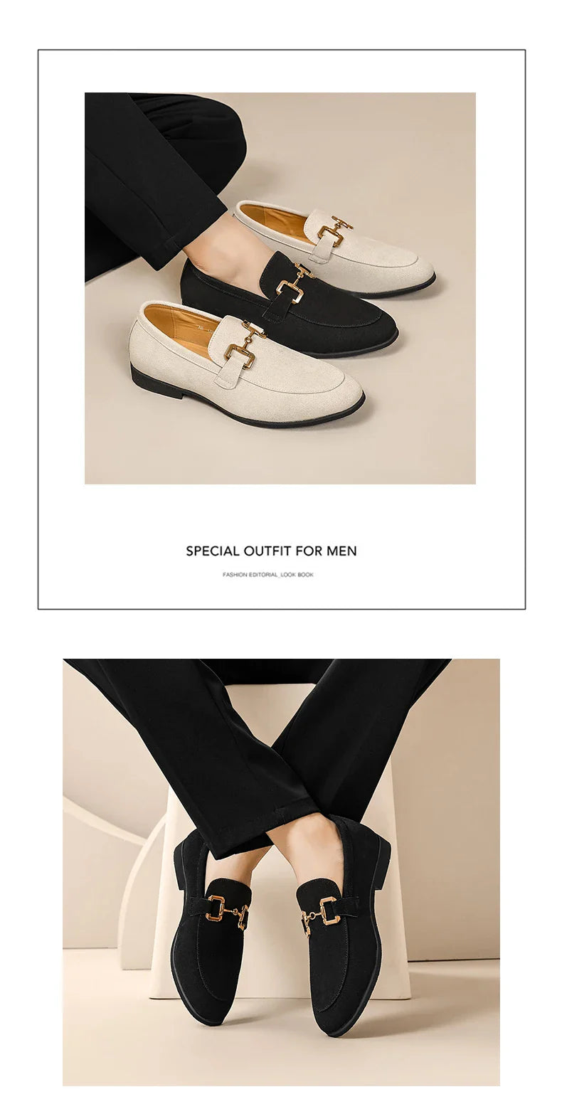 Fashion Brand Men Suede Leather Shoes Black Beige Horsebit Loafers Slip on Formal Mens Dress Shoes Wedding Office Casual Shoes