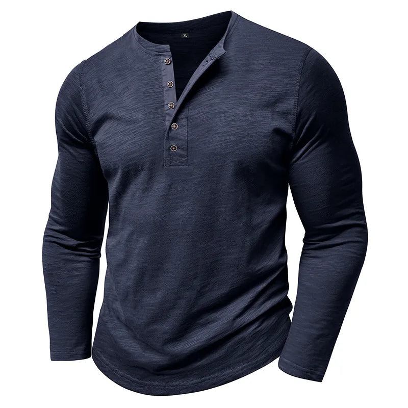 New Autumn Long Sleeve T-Shirt Mens Casual Solid Color Top Henley Neck Slim Versatile Work T-shirt Breathable Outdoor Thin Tee