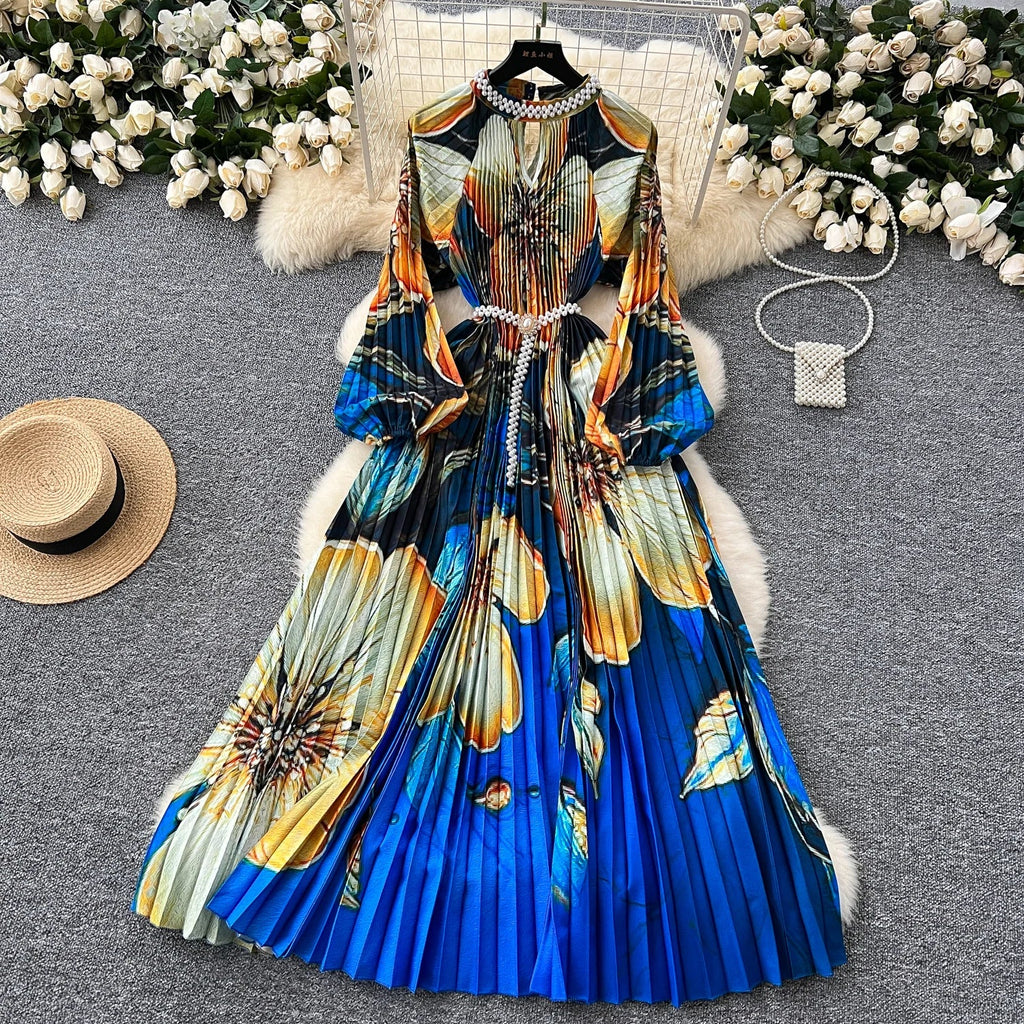 High-End Women's Dr Faionable Beaded round Ne Hollow out Pleated Lantern Sve Waist Cinched Floral Print Lon...