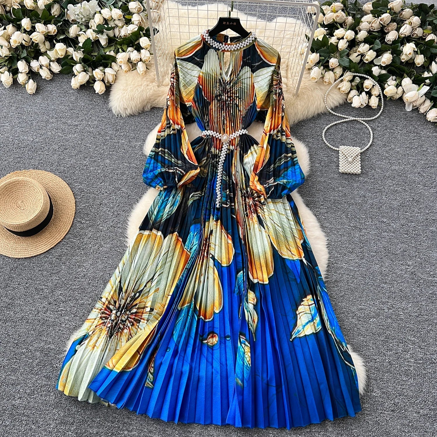 High-End Women's Dr Faionable Beaded round Ne Hollow out Pleated Lantern Sve Waist Cinched Floral Print Lon...