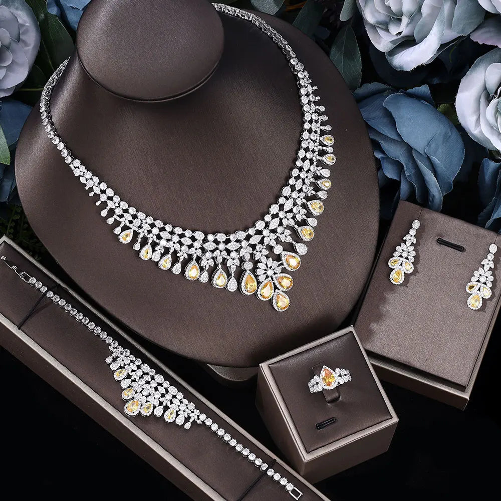 2026 Zircon Super Deluxe Tassel Water Drop Big Wedding Bridal Necklace Earrings 4 Pieces Nigerian Dubai Women's Jewelry Set