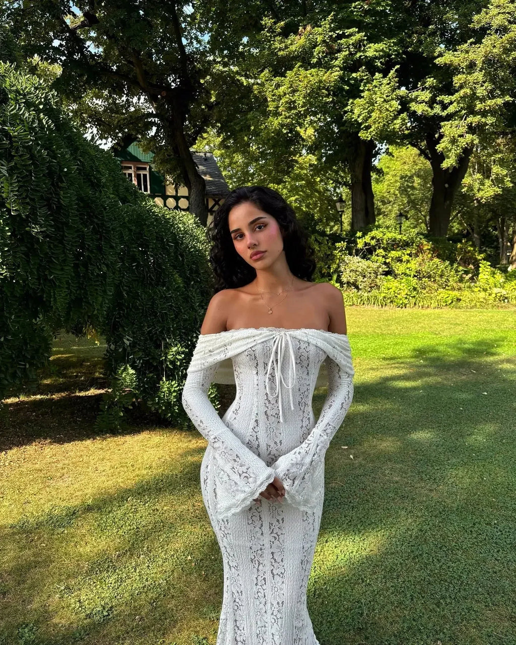 Oligai Elegant Off The Shoulder Bodycon Dress 2024 New in White Flare Sleeve Lace Maxi Dress Wedding Guest Dress for Women