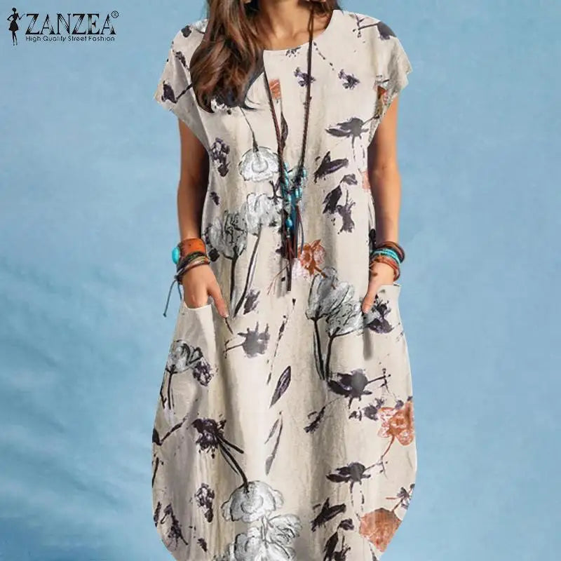 Women Summer Dress Bohemian Floral Print Vestido O-Neck Short Sleeve Pockets Sundress Fashion Casual Elegant Holiday Robe