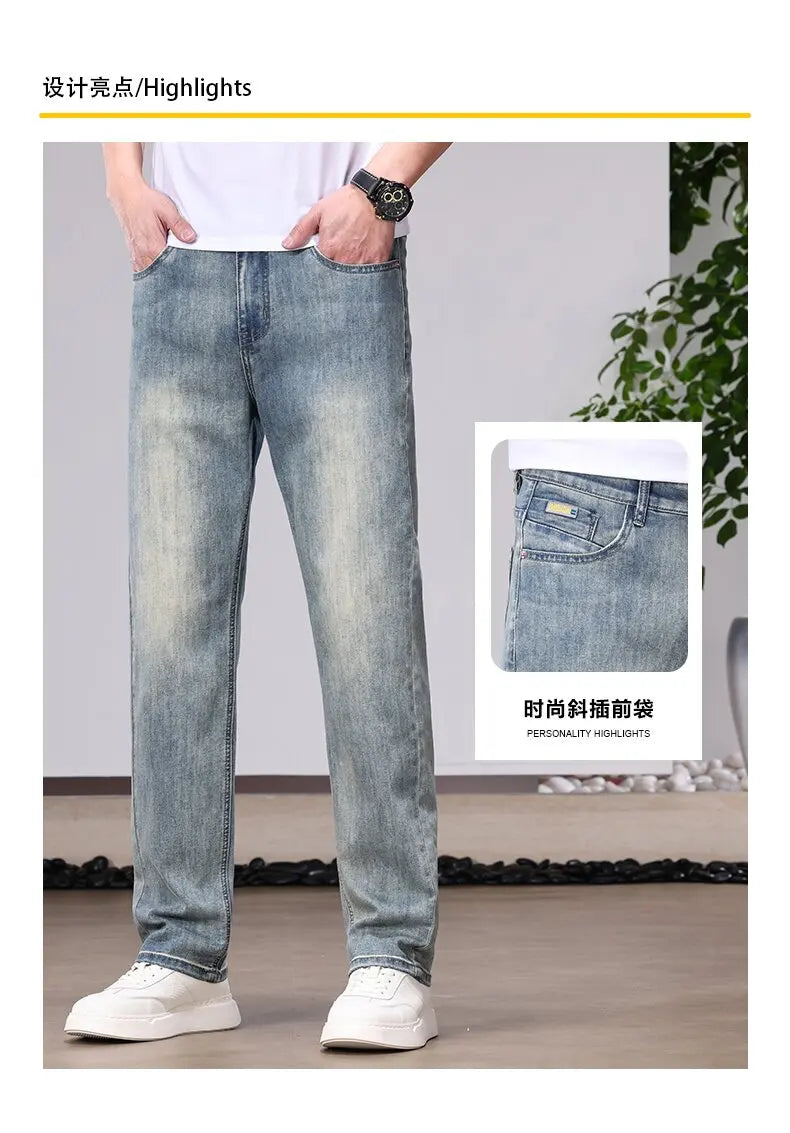 Spring/Autumn Fashion Trendy Solid Color Straight Leg Stretch Denim Pants Men's Casual Loose Fit Sports High Quality Trousers