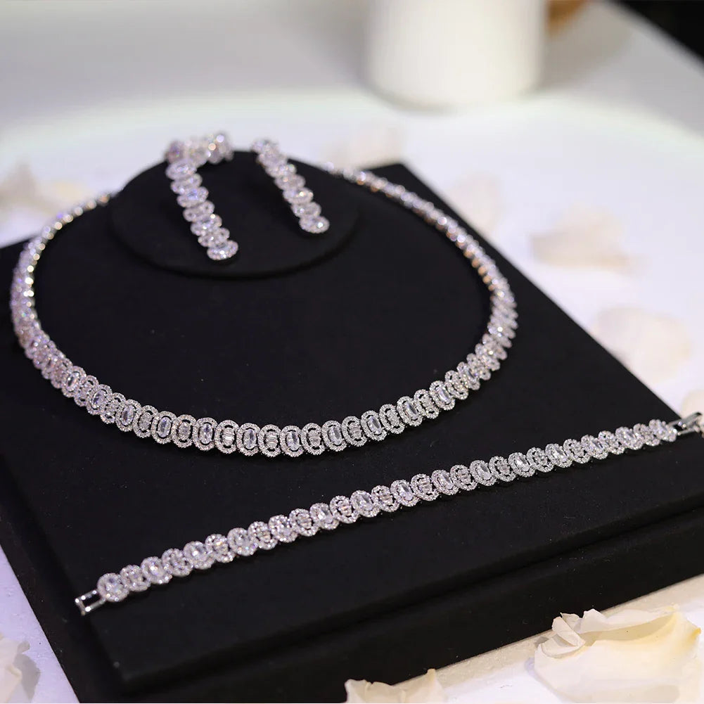 New Sparkling Cubic Zirconia Choker Necklace Earrings Bracelet Set for Women Wedding Party Jewelry