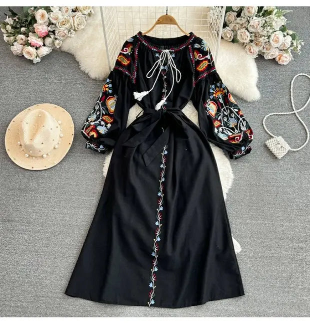 Retro Ethnic Sle Long Sve Embroidered round Ne A-Line Cotton Linen Dr Slimming Waist Cinched Ele Long Dr