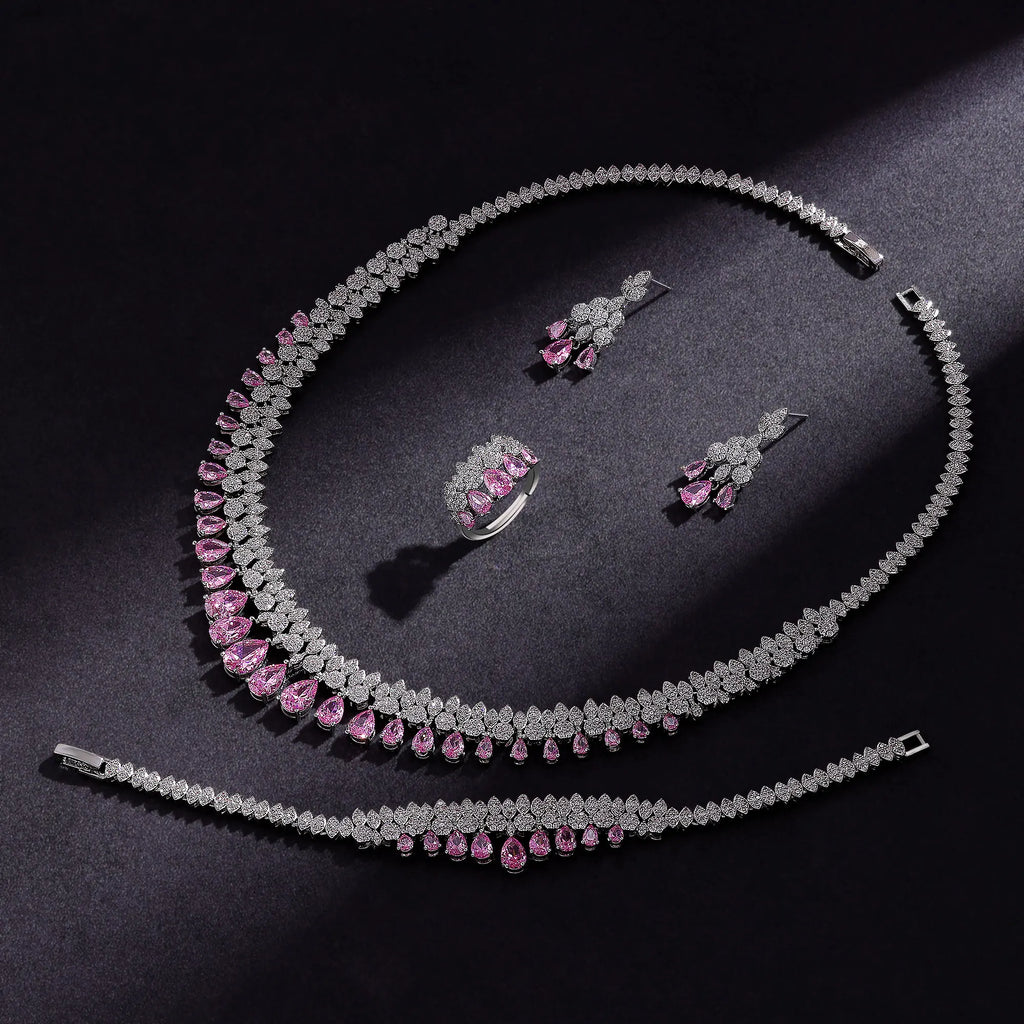 Luxury White Cubic Zirconia Bridal Jewelry Set Brides Accessories Tassel Water Drop Necklace Earring 4pcs Set for Wedding Party