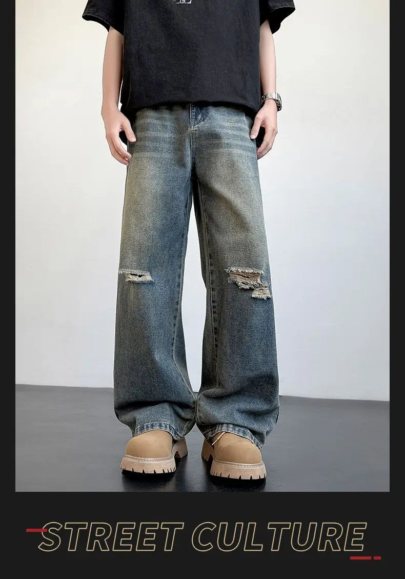 Men's American Style Loose Straight Leg Jeans Vintage Spring Summer New Arrival Drapey Trendy Wide Leg Long Pants