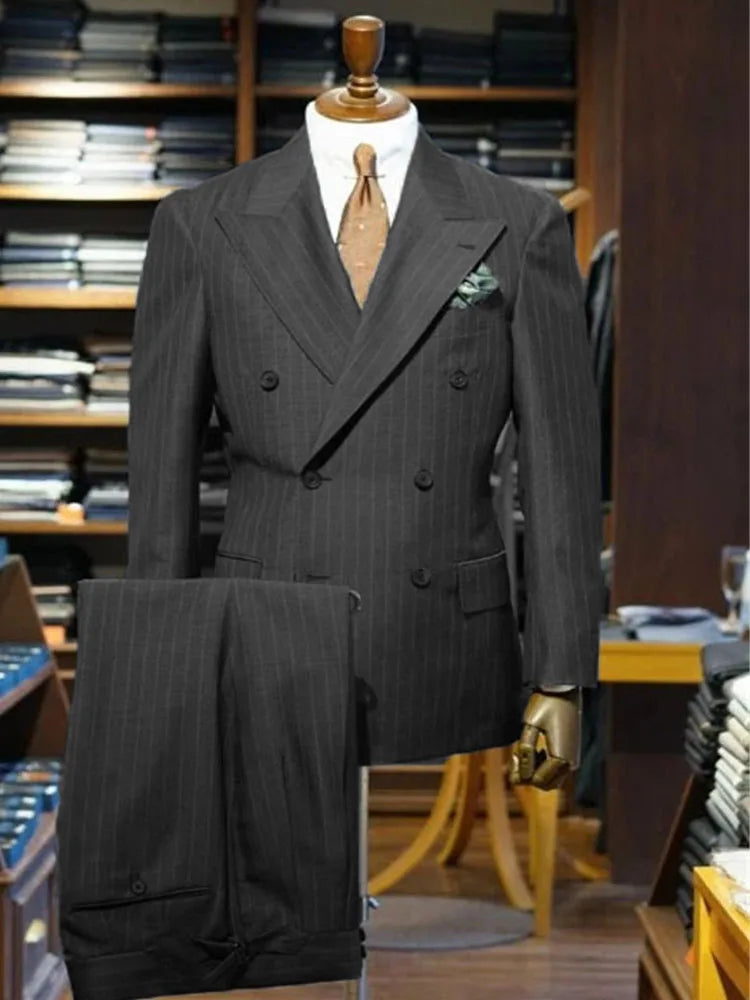 Gray Striped Men's Suit 2 Piece Set Man double-breasted Slim Fit Business Formal suit Casual Suit Jacket Pant Groom's suit dress