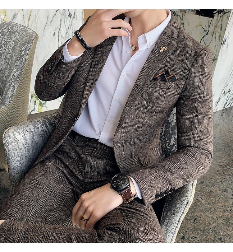 S-7XL Jacket + Pants / Luxurious High -end Brand Solid Color Men's Casual Business Slim Suit Two -piece Suit Groom Wedding Suit