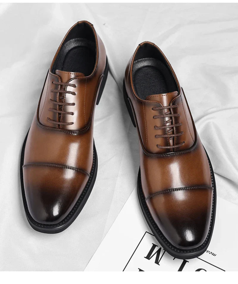 Mens Brown Gradient Leather Cap Toe Oxford Dress Shoes Lace Up Formal Business Office Work Daily Wear Comfortable Non Slip Shoes