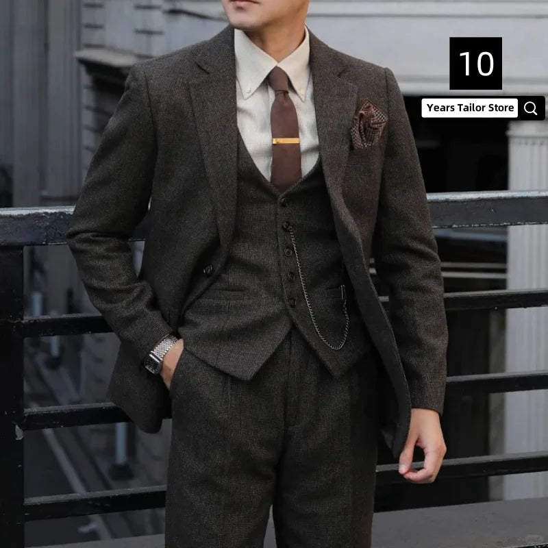 Peaky Blinders Men's 3-Piece Suit Vintage Plaid Wool Autumn/Winter Heavyweight New Style Jacket+Vest+Pants Slim Fit  Formal Suit