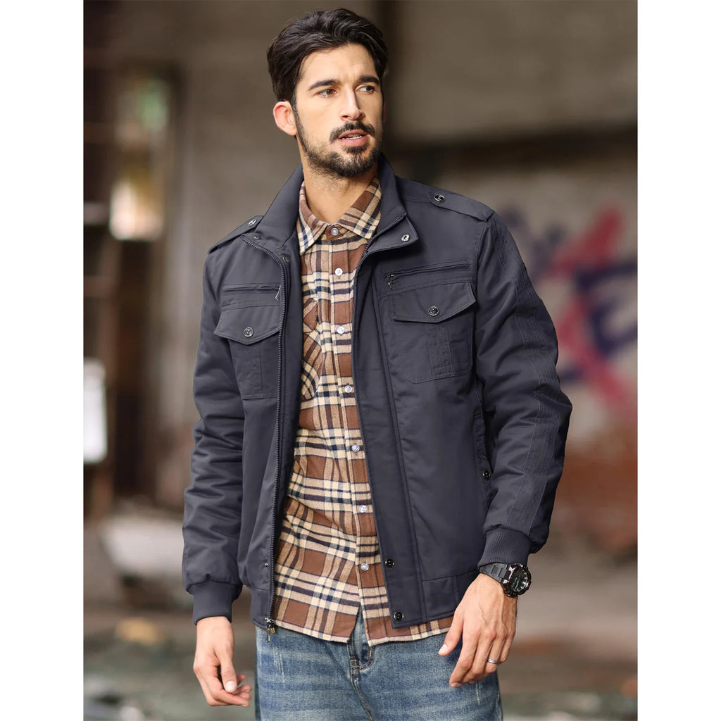 MAGCOMSEN Men's Fleece Jackets Windbreaker Coats Fall Winter Thermal Bomber Jackets Multi-pockets Stand Collar Motorcycle Jacket