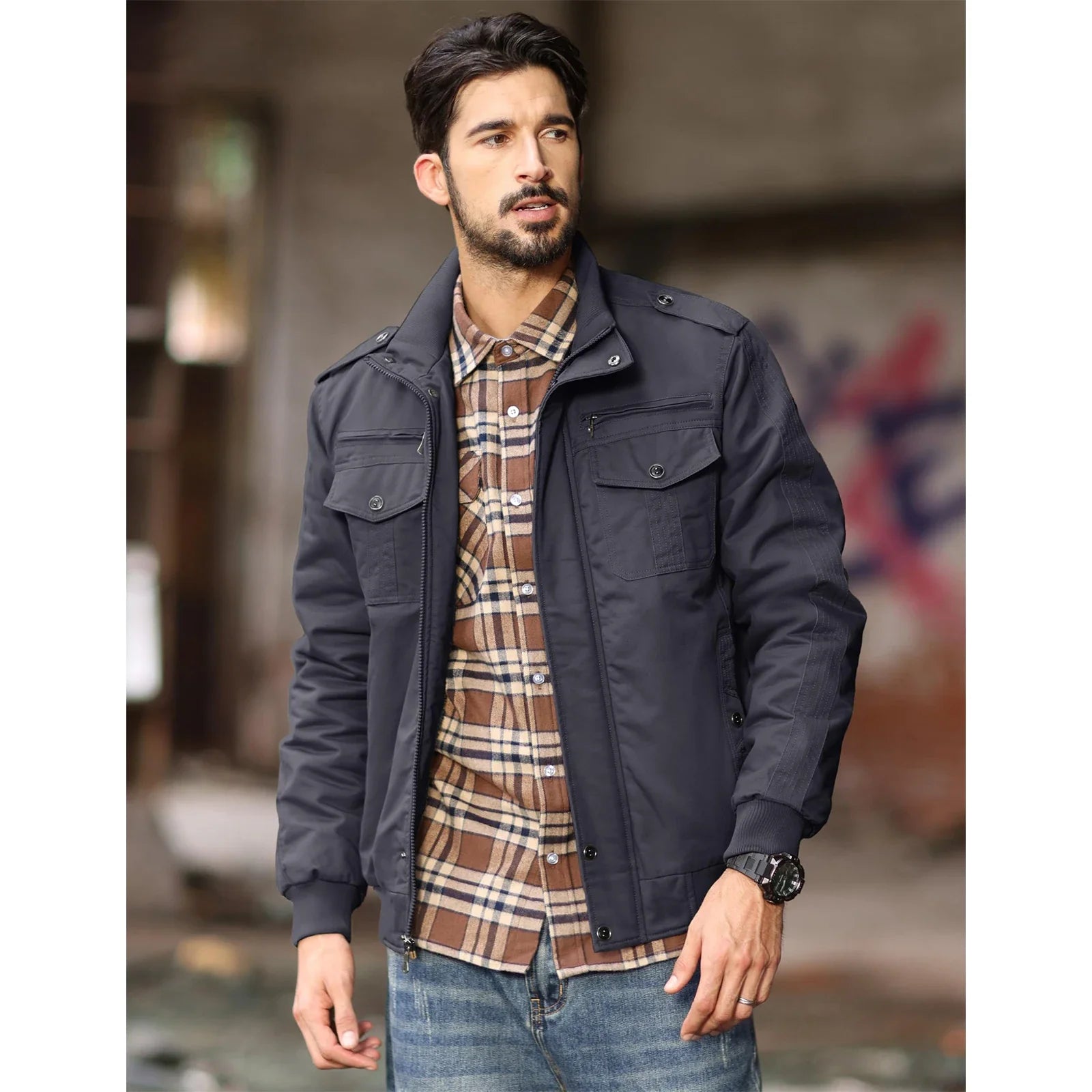 MAGCOMSEN Men's Fleece Jackets Windbreaker Coats Fall Winter Thermal Bomber Jackets Multi-pockets Stand Collar Motorcycle Jacket