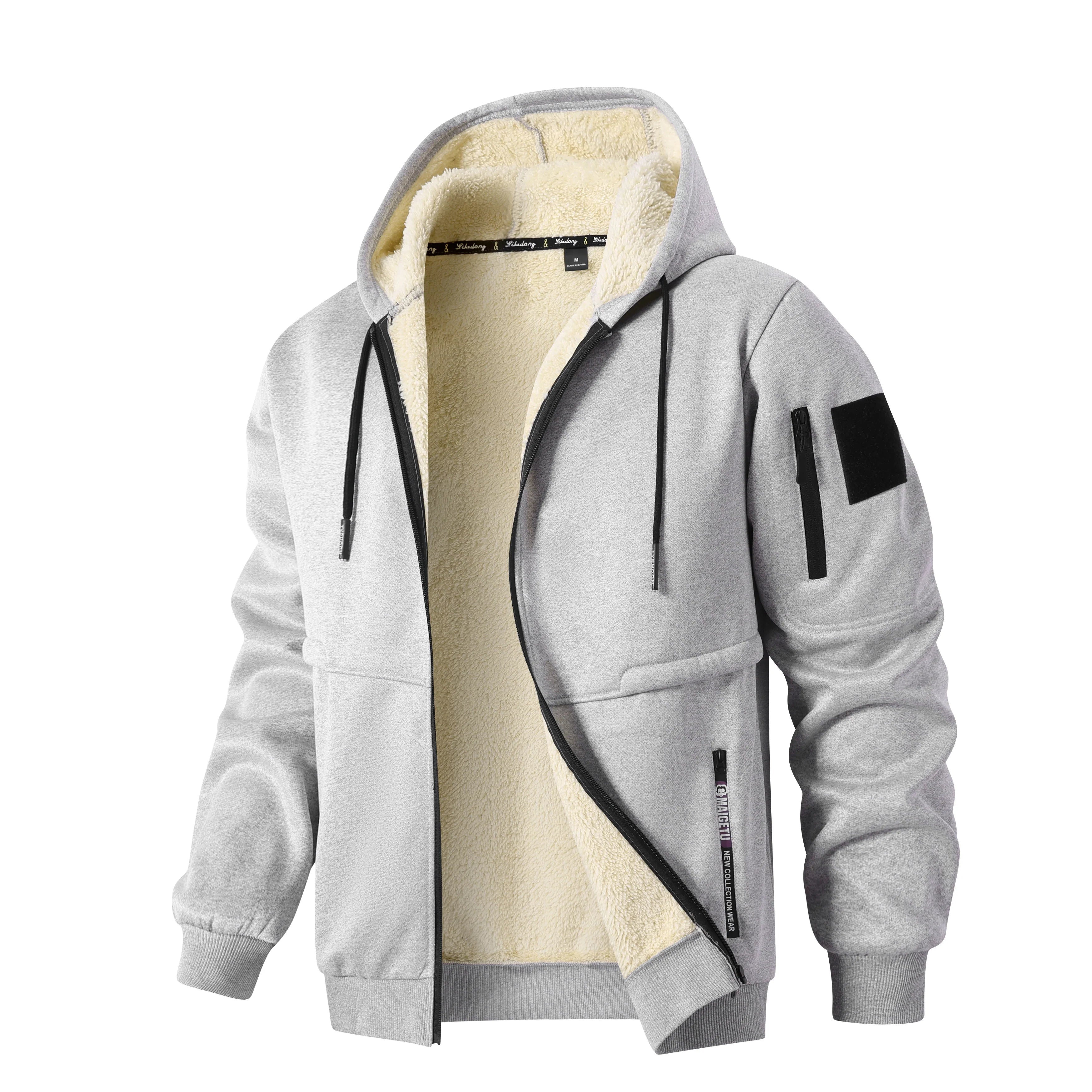 Men's Casual Thickened Wool Jacket Warm Zipper Hoodies Cardigan Sports Long Sleeve Sweatshirts Hooded Coat