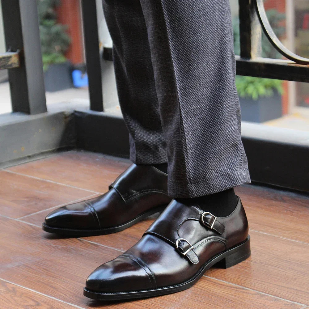 Luxury Genuine Leather Double Buckle Monk Strap Formal Shoes for Men Classic Cap Toe Business Office Wedding Dress Shoes