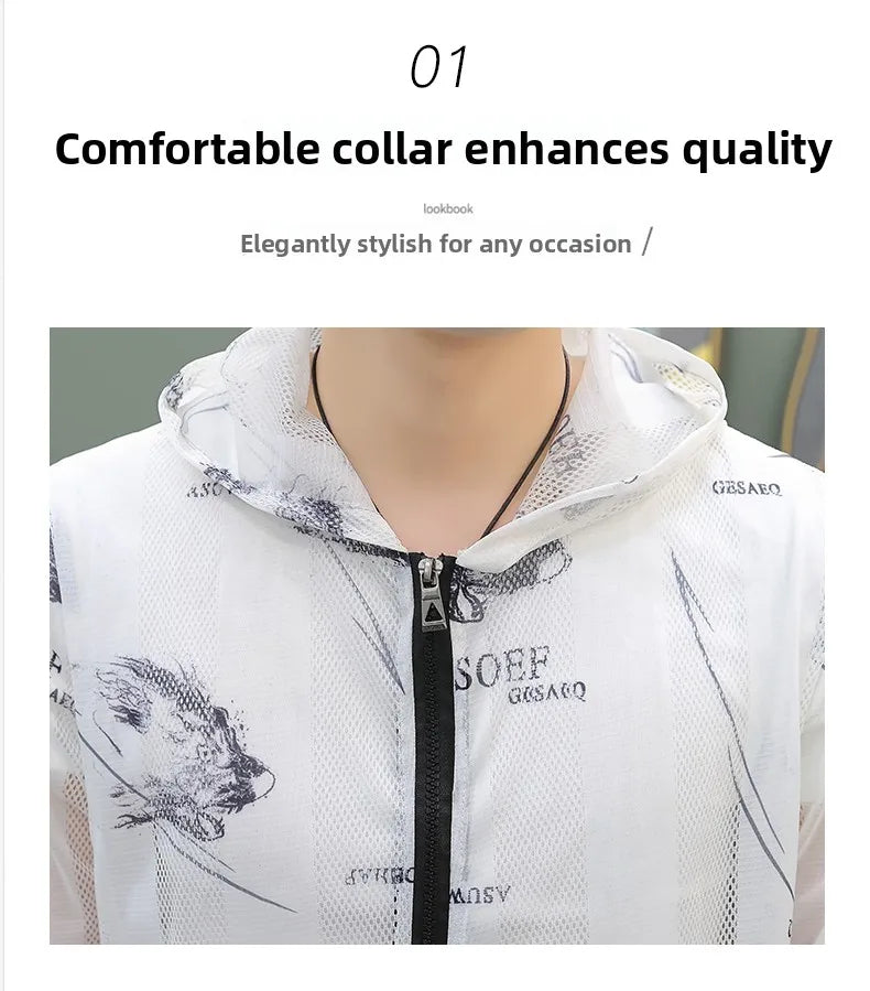 Men's Summer Mesh Sun Protection Clothing Trendy Stripe Print Ice Silk Cool Feeling Breathable Quick Dry Hooded Jacket