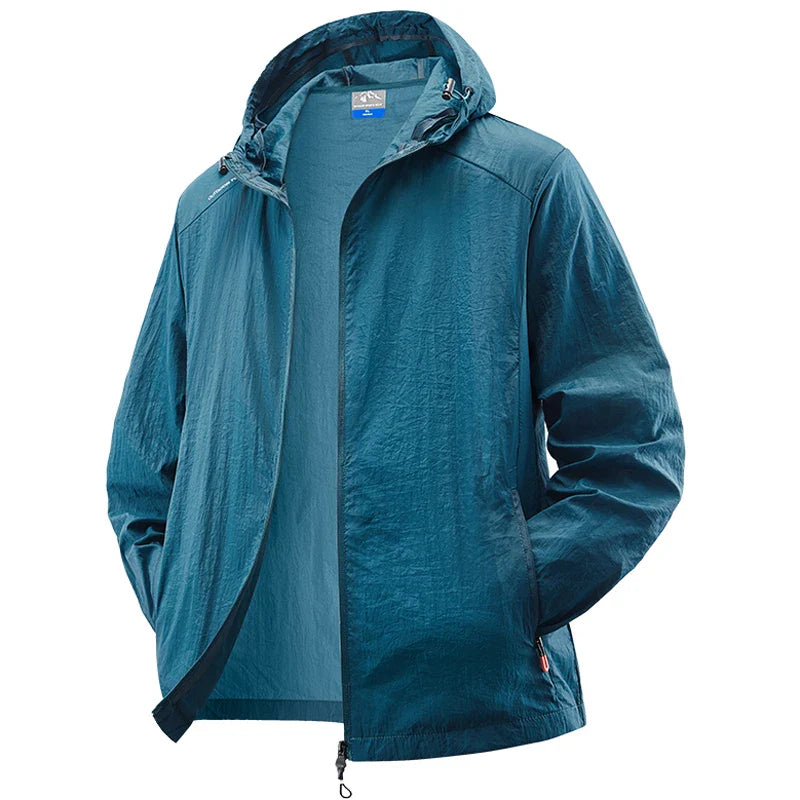 Men’s lightweight waterproof hiking jacket, hooded outdoor sports coat, summer sun protection, M–XXL