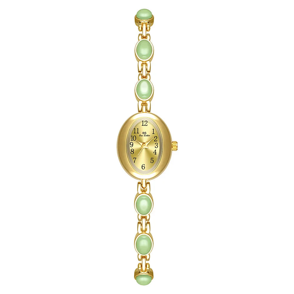 Women's watch Vintage Natural Colorful Jade Bracelet Wristwatches Clock,Luxury Elegant Small Oval Dial Quartz Watch Waterproof