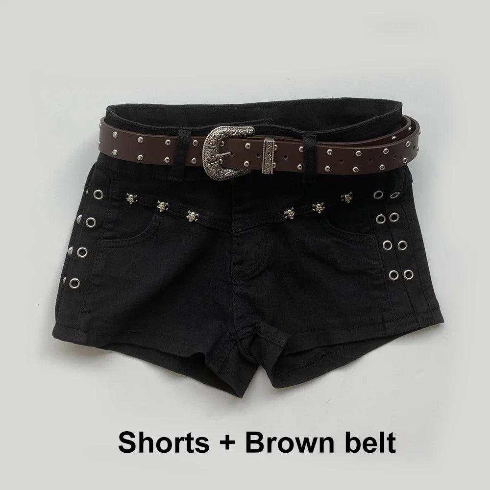 Summer Black Sexy Low Waist Y2K Jean Shorts Women Holiday Punk Gothic Denim Pants Korean Daily Fashion Skinny Strech Shorts+Belt