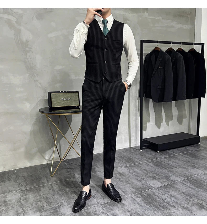 ( Blazer+Vest+Pants ) Groom Wedding Male Suit Luxury Brand Fashion Striped Men's Casual Business Office Double Breasted Suit