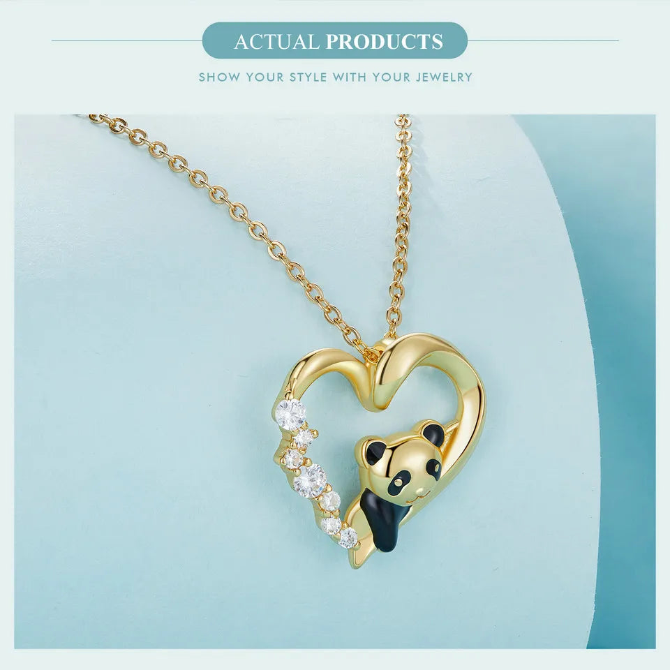 925 Sterling Silver Baby Panda Crystal Necklace Enamel Cute Animal Charm Chain Link for Women Gift 17.71'' SCN453