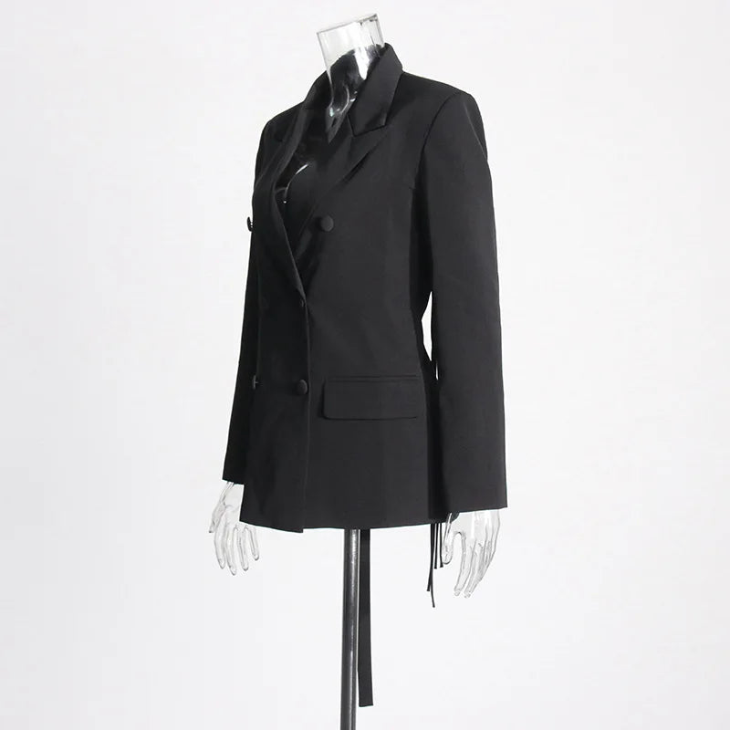 New Arrival Women Back Hollow Out Design Double Breasted Suit Jackets Y2K High Street Streamer Decoration Temperament Coat