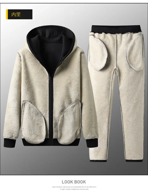 Hooded lambskin medium and elderly large size warm suit with plush thick hoodie jacket+thick pants two-piece set