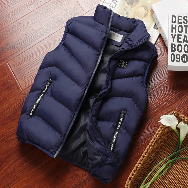 Winter Warm Men's Jacket Sleeveless Zipper Vest Solid Casual Vests Male Cotton-Padded Thickened Stand Collar Wear Outside