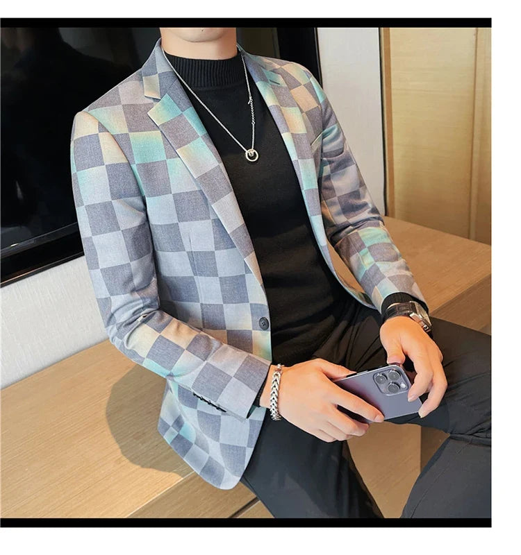 Brand Luxury Plaid Suit Jacket for Men 2023 Autumn Casual Blazer Masculino Fashion Slim Business Wedding Groom Social Dress Coat
