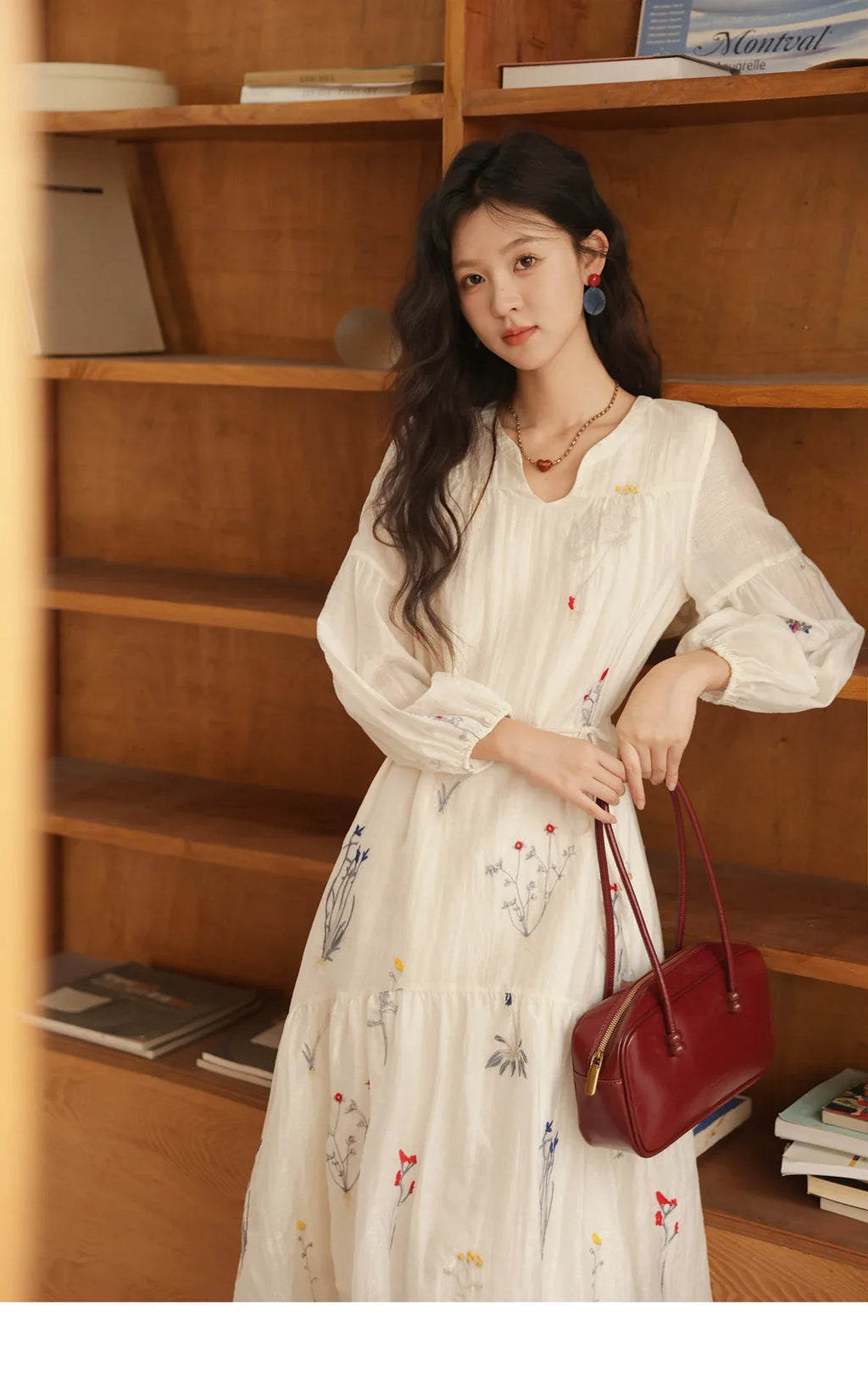 Beige Flower Embroidered Dress for Women 2025 Autumn Curved Collar Lantern Sleeves Tied Waist Long Dresses MXE41L2487