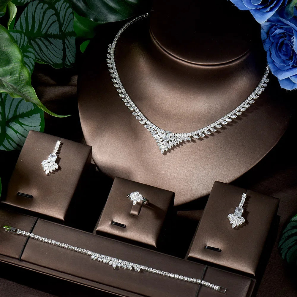 4 Pcs Luxury Elegant Ladies Zirconia Jewellery Set Necklace Earrings Bracelet Dress Accessories Party Wedding Evening Gift M-325