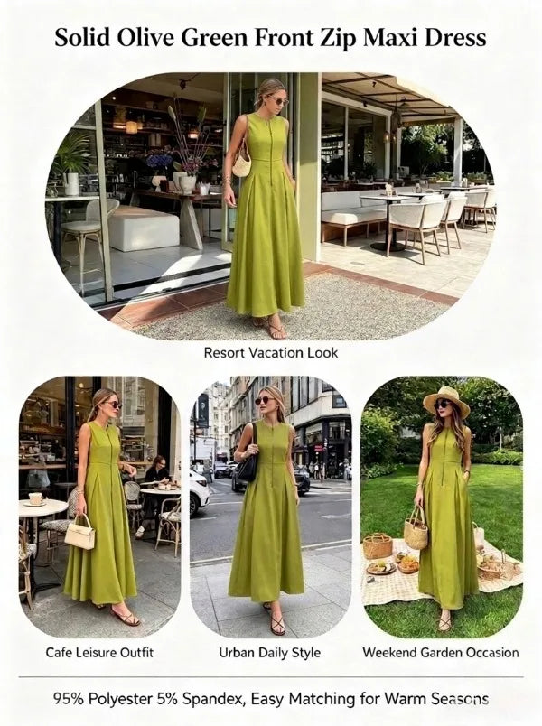 Office Lady Commute Pleated A-line Dress 2026 New Summer Fashion Solid Color Sleeveless Zipper Evening Maxi Dresses