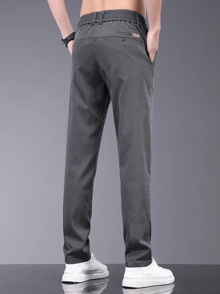 Lyocell Fabric Summer Thin Men's Casual Pants Slim Straight Elastic Waist Solid Color Business Work Trousers Brand Clothes