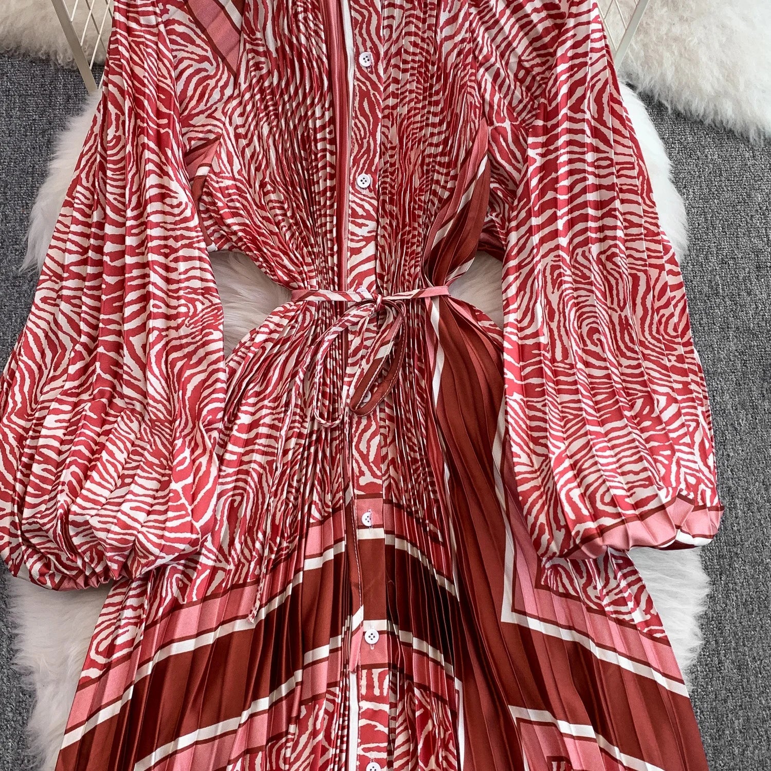 Printed round Ne Lantern Sve Dr Women's Single Button Waist Cinch Maxi Skirt Long Dr Commute Sle Autumn