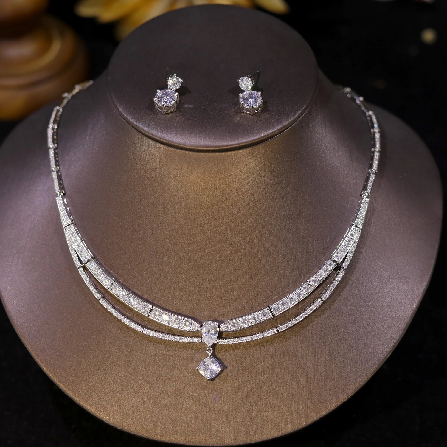 High Quality Cubic Zirconia Bridal Wedding Jewelry Water Drop Pedant Necklace 2PCS Set Lady Party Accessories X0654