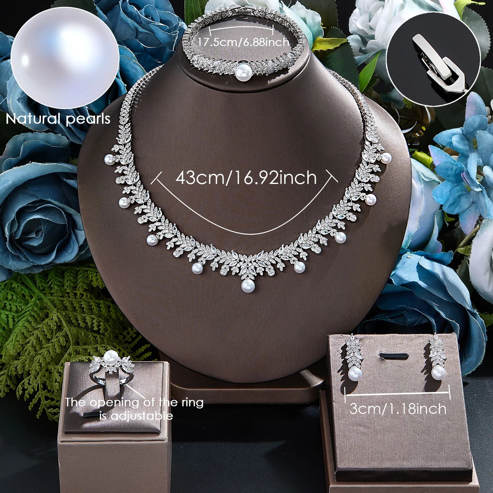 2023 New Cubic zirconia Pearl Necklace Earrings Set of 4 Women's Wedding Party All Zircon Dubai Bridal Jewelry Set Gift