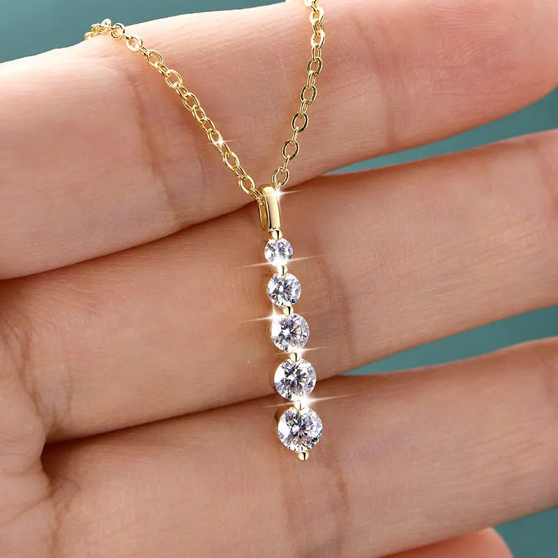 Brilliant 5-Stone Moissanite Necklace 14K Gold Filled Long Drop Pendant Necklace for Women Female Jewelry Accessories