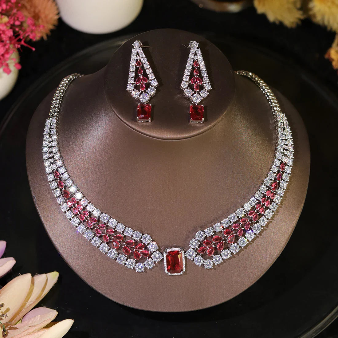 Fashion Wedding Jewelry Sets Shiny Red and white inlaid CZ Crystal Necklace and Earrings 2PCS Bridal Dress Party Accessories