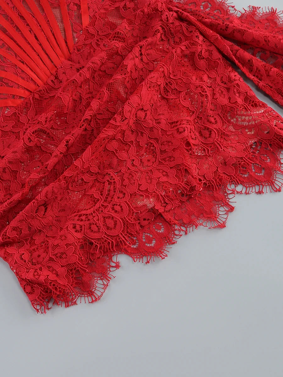 VC Christmas Dress For Women Red Lace Sexy Strapless Sleeveless Slim Supper Short Dress With Lace-Up