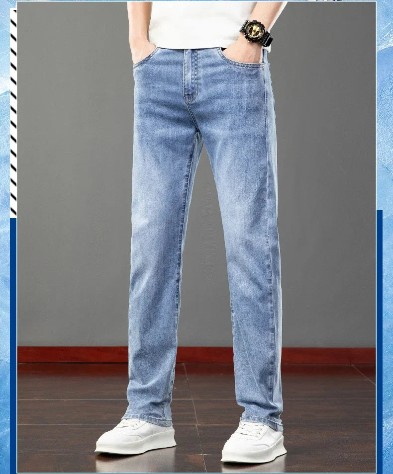 2026 Summer Men's Jeans Slim Fit Jeans Thin Stretch Straight Light Business Casual Denim Long Pants Male Classic Style Brand