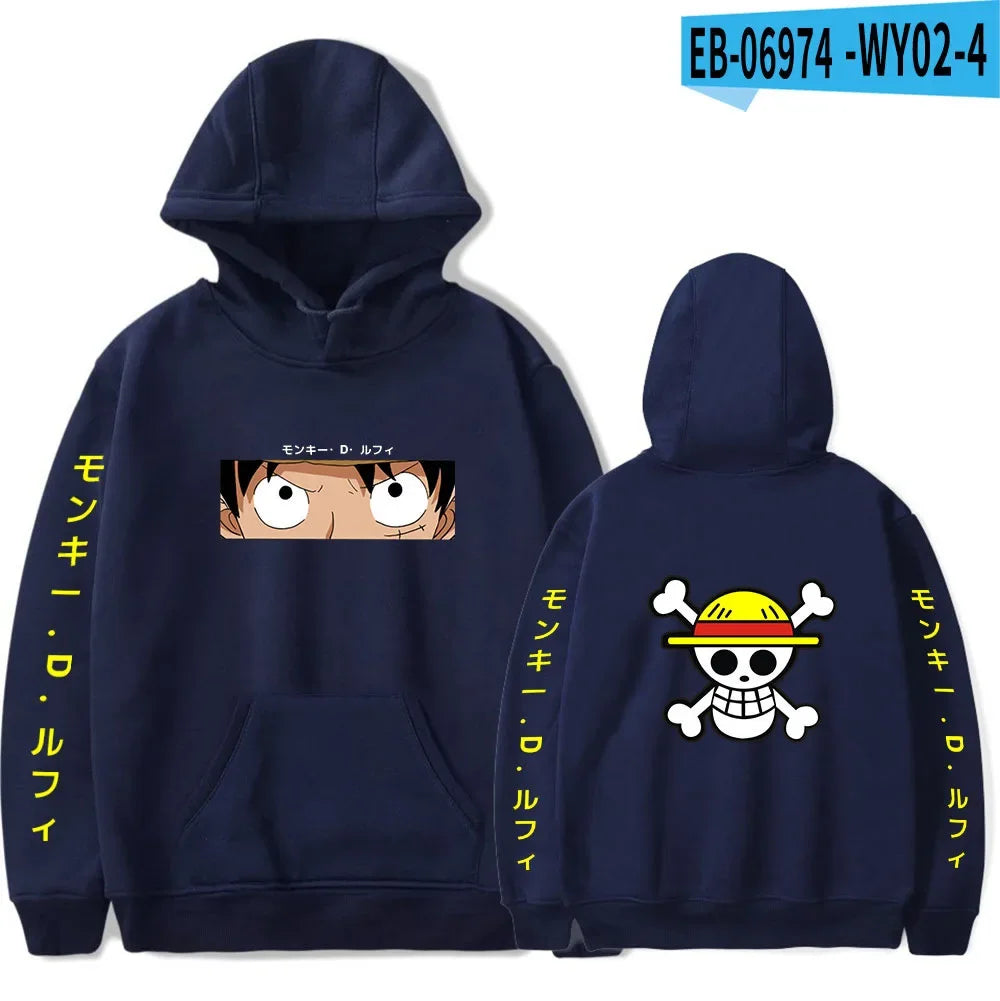 هودي رجالي عصري لفصلي الربيع والخريف MONKEY D LUFFY ملابس كاجوال بغطاء رأس بلون موحد ملابس الشارع للرجال مطبوع عليها رسوم كرتونية من قطعة واحدة