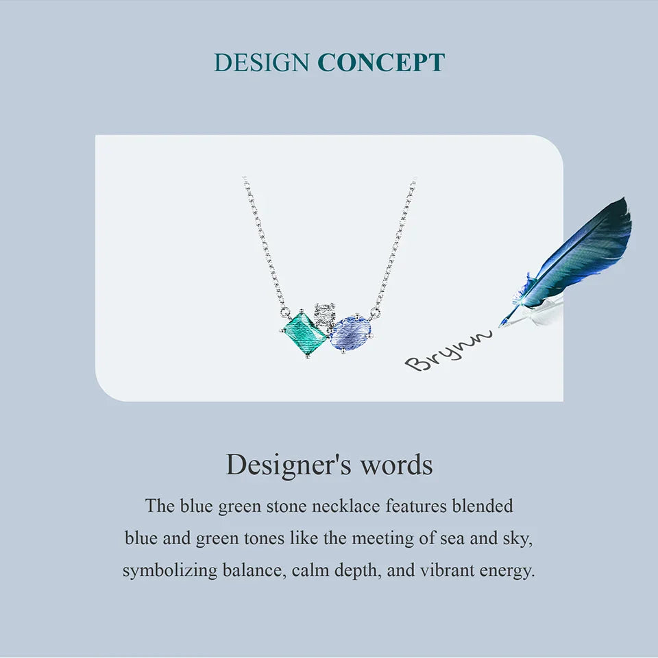 925 Sterling Silver Necklace Blue Green Stone  White Gold Zirconia Pendant Adjustable Chain for Women Fine Jewelry Gift