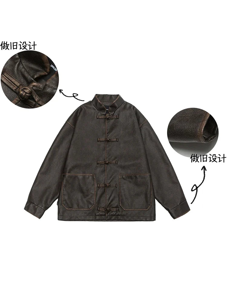 Spring Cool Oversized Vintage Distressed Pu Leather Jacket Men Elegant Luxury Designer Chinese Style Clothes 2024