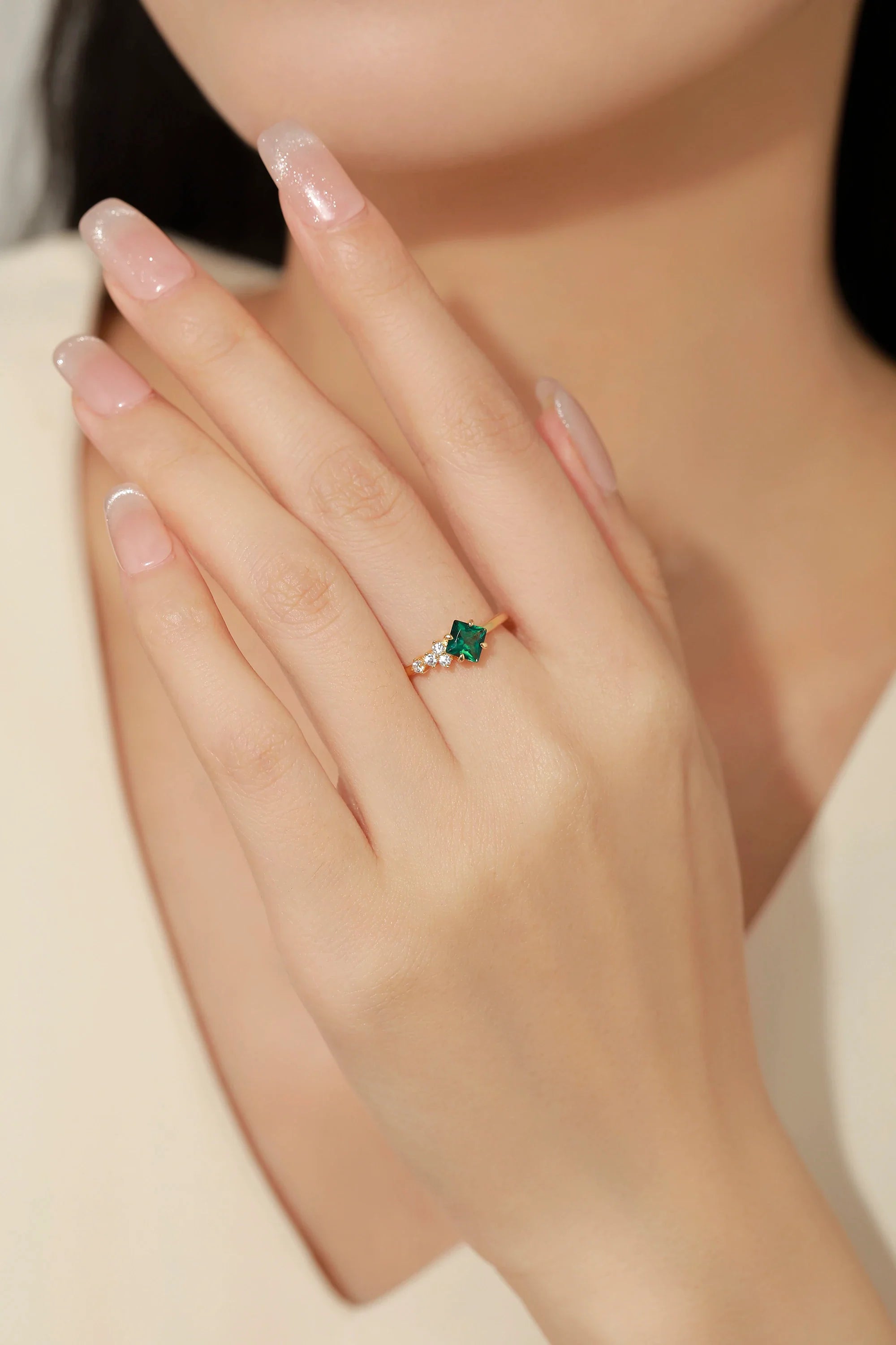 Original Design Created Emerald Fold Ring Luxury 925 Sterling Silver Gold plated for Women Party Wear Jewelry Hot Sale
