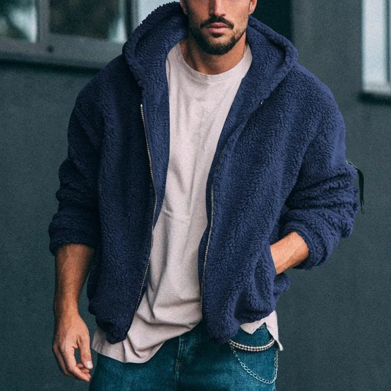 Men's Winter Zipper Fleece Hooded Jacket Vintage Casual Streetwear Loose Solid Color Hoodie with Pockets Leisure Fashion Coat