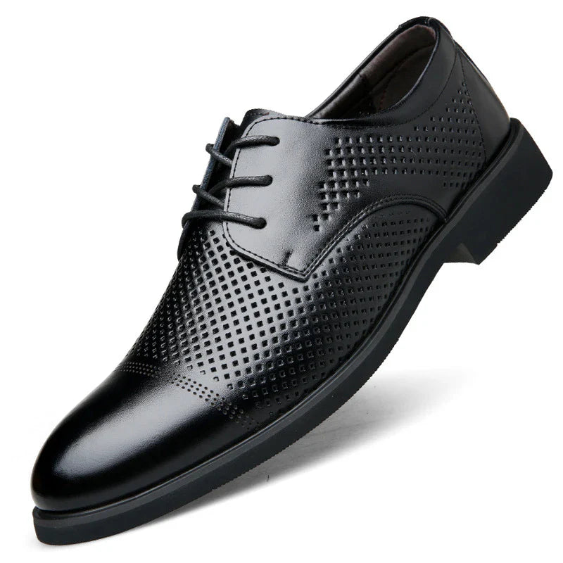 Mens Black Genuine Leather Perforated Cap Toe Lace Up Formal Business Oxford Shoes Breathable Summer Office Casual Dress Shoes