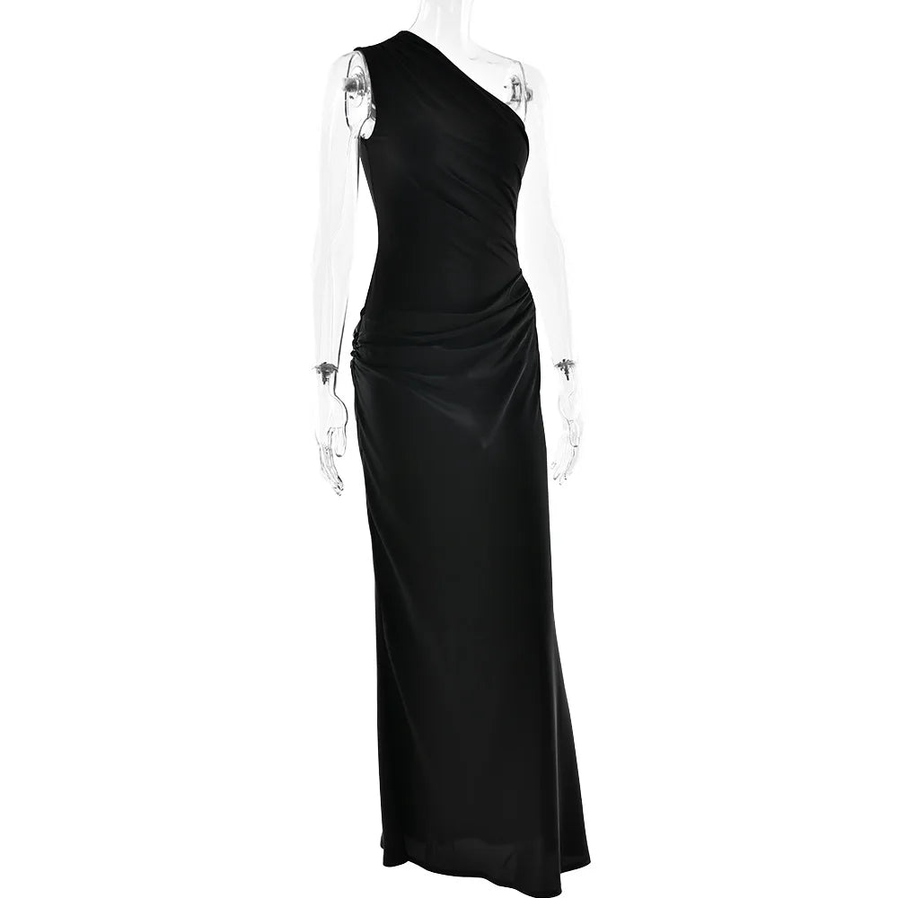 Patchwork Satin Sexy Dress Women One Shoulder Brown Sleeveless Evening Maxi Dress 2025 New Summer Elegant Party Clubwear Dresses